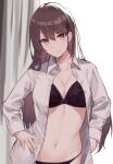  aosaki_yukina bangs bra breasts brown_hair character_request cleavage collared_shirt commentary_request copyright_request floral_print frilled_bra frills hair_between_eyes hair_ornament hairclip hand_on_hip highres long_hair long_sleeves looking_at_viewer medium_breasts navel open_clothes open_shirt panties rose_print shirt smile underwear white_shirt 