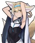  1girl animal_ears arknights arms_up black_collar black_gloves blonde_hair blue_hairband braid cloak collar dress fox_ears fox_girl fox_tail gloves hairband idashige_(walkietalkie) infection_monitor_(arknights) kitsune looking_at_viewer multiple_tails short_hair simple_background single_glove solo suzuran_(arknights) tail upper_body white_background wrist_cuffs yellow_eyes 