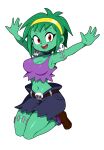  1girl arms_up belt black_footwear black_shorts breasts cleavage colored_skin earrings green_hair green_skin hairband highres jewelry looking_at_viewer medium_breasts midriff navel open_mouth rottytops shantae_(series) short_hair shorts skull_belt skull_earrings smile solo stitches yellow_hairband yuta_agc zombie 