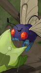  absurdres blurry bug butterfly butterfree cocoon commentary_request day depth_of_field fangs from_above gen_1_pokemon grass highres insect metapod no_humans orange_eyes outdoors pokemon pokemon_(creature) silk tree yunimaru 