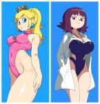  2girls black_eyes black_hair black_swimsuit blonde_hair blue_background blue_eyes breasts character_request cleavage covered_navel cowboy_shot crown earrings hands_in_pockets highleg highleg_swimsuit highres jacket jewelry large_breasts long_hair looking_at_viewer mario_(series) medium_breasts medium_hair multiple_girls one-piece_swimsuit philena_ivy pink_swimsuit pokemon ponytail princess_peach shadow simple_background swimsuit white_jacket yuta_agc 