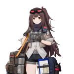  1girl bag brown_hair case clipboard clothing_cutout duffel_bag game_cg girls&#039;_frontline girls&#039;_frontline_2:_exilium gloves goggles goggles_on_head jacket long_hair mayling_shen_(girls&#039;_frontline_2) navel_cutout official_art shirt shorts solo thermos third-party_source yellow_eyes 