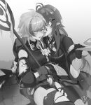  2girls ahoge antenna_hair arknights blush chinese_commentary crocodilian_tail d-pad d-pad_hair_ornament detached_sleeves flower gavial_(arknights) gloves goggles goggles_around_neck greyscale hair_flower hair_ornament hand_up highres holding holding_staff hood hood_down injury long_hair looking_at_viewer monochrome multicolored_hair multiple_girls partially_fingerless_gloves pointy_ears short_hair staff streaked_hair thighs tomimi_(arknights) tongue tongue_out torn_clothes torn_legwear torn_sleeve yumingtongxue yuri 