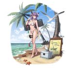  1girl absurdres animal_ears arknights bangs bare_arms bare_legs bare_shoulders barefoot beach bikini bird blue_sky breasts chinese_commentary cloud commentary_request crab crossed_legs day full_body hand_up highres horns looking_at_viewer lunn medium_breasts navel palm_tree purple_hair shadow short_hair sideroca_(arknights) sky solo standing starfish stomach swimsuit thigh_strap tree water watson_cross white_bikini yellow_eyes 