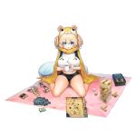  1girl :3 animal_hood barefoot blanket blonde_hair blue_eyes blush board_game breasts card cup dice ella_of_the_sky eyebrows_visible_through_hair full_body hair_between_eyes hamster_hood highres hood jenga last_origin looking_at_viewer mug navel open_mouth oppai_loli pillow playing_games short_twintails sima_(startwitch) sitting solo tachi-e twintails wariza 