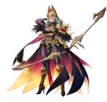  1girl absurdres arm_behind_head arm_up armor armored_boots bare_shoulders bodysuit boots bow_(weapon) breasts cleavage closed_mouth clothing_cutout commentary_request covered_navel dark_skin earrings feather_trim fire fire_emblem fire_emblem_heroes flaming_eye full_body gloves gold_trim gradient gradient_clothes gradient_hair green_eyes hat high_heels highres holding holding_weapon jewelry laegjarn_(fire_emblem) large_breasts lips long_hair looking_at_viewer multicolored_hair official_art orange_hair p-nekor pantyhose pelvic_curtain purple_bodysuit red_eyes shiny shiny_clothes shoulder_armor simple_background sleeveless solo standing two-tone_hair weapon white_background 