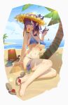  1girl absurdres bangs bare_arms bare_legs barefoot baschyf beach bikini blue_bikini blue_eyes blue_ribbon blue_sky border breasts brown_headwear bucket chinese_commentary cleavage commentary_request day feet food food_in_mouth full_body groin hair_ribbon hat heart_ring highres holding holding_hair large_breasts legs long_hair looking_at_viewer mouth_hold navel ocean original outdoors palm_tree popsicle purple_eyes ribbon sandals sandals_removed shovel single_sandal sitting skindentation sky solo stomach straw_hat swimsuit thigh_ribbon thighhighs toes tree underboob water 
