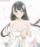  1girl black_hair blush breasts cleavage collarbone crying crying_with_eyes_open dress girls&#039;_frontline heterochromia highres jewelry large_breasts long_hair phago red_eyes ring ro635_(girls&#039;_frontline) smile solo tears very_long_hair wedding_band wedding_dress yellow_eyes 