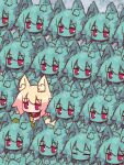  6+girls animal_ear_fluff animal_ears bangs bell blonde_hair brown_collar collar eyebrows_visible_through_hair fox_ears fox_girl fox_tail green_shirt hair_between_eyes highres jingle_bell kemomimi-chan_(naga_u) long_sleeves mold multiple_girls naga_u neck_bell odd_one_out original red_eyes sailor_collar shirt sleeves_past_fingers sleeves_past_wrists tail v-shaped_eyebrows white_sailor_collar 