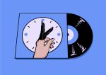  blue_background blue_nails clock hands highres minillustration nail_polish original pink_nails record record_jacket shadow simple_background 