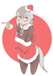  1girl absurdres alternate_costume black_bodysuit blush bodysuit christmas cowboy_shot dress eyebrows_visible_through_hair fur_trim glasses green_eyes grey_hair hat highres kemono_friends kemono_friends_3 looking_at_viewer meerkat_(kemono_friends) meerkat_ears meerkat_tail red_dress santa_costume santa_hat short_hair sleeveless smile solo translated user_zrdd5754 white_fur 