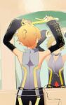  1boy adjusting_hair bare_shoulders bass_clef belt black_shorts black_sleeves blonde_hair cable commentary cowboy_shot d_futagosaikyou detached_sleeves from_behind hair_straightener highres holding kagamine_len kagamine_len_(append) male_focus mirror pendant_choker reflection shirt short_ponytail shorts sleeveless sleeveless_shirt solo spiked_hair standing turtleneck vocaloid vocaloid_append 