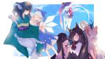  6+girls animal_ear_fluff animal_ears barefoot black_hair blue_bow blue_dress blue_eyes blue_hair blue_skirt boots border bow brooch buttons cirno cloak closed_eyes collared_shirt dress eyebrows_visible_through_hair fish_scales fujiwara_no_mokou garter_straps gem geta gin_fragrans green_hair green_kimono hair_bow hands_clasped head_fins heterochromia hime_cut holding holding_umbrella houraisan_kaguya ice ice_wings imaizumi_kagerou japanese_clothes jewelry karakasa_obake kimono locked_arms long_hair looking_at_another looking_at_viewer medium_hair mermaid monster_girl moon multiple_girls neck_ribbon obi outside_border own_hands_together pants pinafore_dress pink_kimono pleated_skirt pointing puffy_short_sleeves puffy_sleeves rainbow red_cloak red_eyes red_footwear red_hair red_pants red_ribbon ribbon sash sekibanki shirt short_hair short_sleeves skirt sleeves_rolled_up smile suspenders tail tatara_kogasa thighhighs touhou umbrella very_long_hair wakasagihime white_border white_bow white_dress white_hair white_shirt wide_sleeves wings wolf_ears wolf_tail 