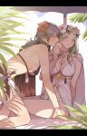  2girls adjusting_another&#039;s_hair all_fours beach_umbrella bikini black_bikini blue_hair breasts byleth_(fire_emblem) byleth_(fire_emblem)_(female) cape cleavage dagger fire_emblem fire_emblem:_three_houses fire_emblem_heroes flower green_hair hair_flower hair_ornament highres ikarin knife looking_at_another multiple_girls palm_tree plant rhea_(fire_emblem) shade sitting smile sunlight swimsuit tree umbrella wariza weapon yuri 