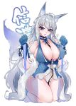  1girl animal_ears azur_lane bare_shoulders between_breasts blue_dress blue_eyes breasts broken broken_chain chain choker cleavage coat collar dress eyebrows_visible_through_hair fox_ears fox_girl fox_tail fur-trimmed_coat fur_trim gloves hands_up highres huge_breasts kive kneeling kyuubi large_breasts leash leotard leotard_under_clothes multiple_tails naughty_face open_mouth restraints see-through see-through_skirt shinano_(azur_lane) simple_background skindentation skirt solo tail white_hair white_leotard 