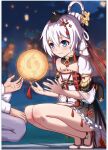  1boy 1girl asymmetrical_clothes bangs blue_eyes blurry blurry_background captain_(honkai_impact) china_dress chinese_clothes closed_mouth daidailong dress full_body hair_between_eyes honkai_(series) honkai_impact_3rd kneeling lantern legs night night_sky sky smile theresa_apocalypse theresa_apocalypse_(starlit_astrologos) white_hair zhuge_kongming_(honkai_impact) 