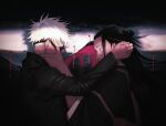  2boys black_eyes black_hair black_jacket blindfold blindfold_removed blue_eyes covered_mouth getou_suguru gojou_satoru hair_bun half-closed_eyes halveablock hand_on_another&#039;s_cheek hand_on_another&#039;s_face high_collar jacket jujutsu_kaisen long_hair long_sleeves looking_at_another male_focus multiple_boys outstretched_arm polar_opposites pulling short_hair stitches string upper_body white_hair 