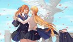  2girls arms_behind_back bird blonde_hair book closed_eyes dancing girls&#039;_frontline highres hogwarts_school_uniform holding_hands jacket m1903_springfield_(girls&#039;_frontline) multiple_girls orange_hair ots-14_(girls&#039;_frontline) petite phoenix school_uniform silayloe statue 