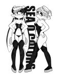  2girls absurdres alternate_costume black_legwear black_panties boots breasts callie_(splatoon) cleavage cousins domino_mask earrings garter_straps greyscale half-closed_eyes halftone hands_on_hips highres jewelry marie_(splatoon) mask medium_breasts mole mole_under_eye monochrome multiple_girls navel panties pointy_ears splatoon_(series) thigh_boots thighhighs underwear yuta_agc 