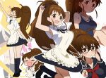  &gt;_&lt; 1girl apron armpit_peek black-framed_eyewear black_skirt blue_serafuku blue_swimsuit blush breasts brown_eyes brown_hair dress_shirt gabu_(az210309) glasses large_breasts long_hair looking_at_viewer multiple_views open_mouth ponytail school_uniform serafuku shirt short_sleeves skirt swimsuit taneshima_popura wagnaria_uniform waitress white_shirt working!! yellow_apron 