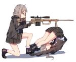  2girls absurdres ahoge aiming black_gloves black_skirt bolt_action brown_jacket cheytac_m200 closed_mouth dual_persona finger_on_trigger from_side gar32 girls&#039;_frontline gloves grey_hair gun highres holding holding_gun holding_weapon hood hood_down hooded_jacket jacket jitome long_sleeves m200_(girls&#039;_frontline) miniskirt multiple_girls one_knee photo-referenced pleated_skirt ponytail profile purple_eyes rifle scope shoes simple_background skirt sniper_rifle upside-down weapon white_background 