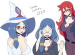  3girls blue_hair breasts choker cleavage closed_mouth collarbone dated eyebrows_visible_through_hair glasses hat highres large_breasts leotard little_witch_academia long_hair looking_at_viewer multiple_girls open_mouth red_eyes red_hair shiny_chariot spoilers tongue ursula_charistes white_headwear white_leotard young_savage 