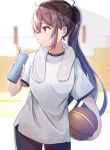  1girl absurdres ball bangs basketball black_shorts blurry blurry_background blush bottle braid breasts brown_hair carrying_under_arm closed_mouth commentary_request depth_of_field eyebrows_visible_through_hair gym_shirt gym_shorts gym_uniform hair_between_eyes hair_ornament hairclip highres himemiya_shuang holding holding_ball holding_bottle long_hair looking_away looking_to_the_side original ponytail profile purple_eyes shirt short_sleeves shorts small_breasts very_long_hair water_bottle white_shirt 