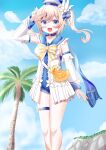  1girl :d arm_up bag bangs barbara_(genshin_impact) barbara_(summertime_sparkle)_(genshin_impact) blonde_hair blue_eyes blue_sky blue_swimsuit blush choker cloud cloudy_sky coconut_tree commentary_request detached_sleeves drill_hair duck_print eyebrows_visible_through_hair eyes_visible_through_hair genshin_impact handbag hat highres long_hair looking_at_viewer natsumi_shiumi open_mouth palm_tree sailor_collar salute sidelocks sky smile solo swimsuit tree twin_drills twintails 