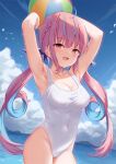  1girl :d armpits arms_up ball bangs bare_arms beachball blue_hair blue_sky blush braid breasts cleavage cloud cloudy_sky covered_navel day eyebrows_visible_through_hair highres holding holding_ball hololive long_hair looking_at_viewer medium_breasts minato_aqua multicolored_hair one-piece_swimsuit open_mouth outdoors pink_hair purple_eyes shimokirin sidelocks sky smile solo streaked_hair swimsuit twintails two-tone_hair very_long_hair virtual_youtuber water white_swimsuit 