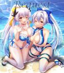  2girls asymmetrical_docking bare_shoulders beach bikini blue_bikini blue_bow blue_swimsuit bow breast_press breasts cleavage collarbone commentary_request dragon_girl dragon_horns fate/grand_order fate_(series) hair_between_eyes hair_bow highleg highleg_swimsuit highres horns kiyohime_(fate) kiyohime_(swimsuit_lancer)_(fate) large_breasts long_hair looking_at_viewer multicolored multicolored_clothes multicolored_swimsuit multiple_girls multiple_horns ocean one-piece_swimsuit one_eye_closed ponytail red_eyes sandals silver_hair suzumia_(daydream) swimsuit thigh_strap tomoe_gozen_(fate) tomoe_gozen_(swimsuit_saber)_(fate) two-tone_swimsuit water white_swimsuit yellow_bow 