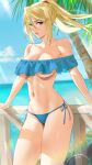  1girl bare_shoulders bikini blonde_hair blue_eyes breasts cleavage collarbone eyebrows_visible_through_hair frilled_bikini frills highres large_breasts long_hair looking_at_viewer metroid mole mole_under_mouth navel ponytail samus_aran sendrawz simple_background smile solo swimsuit 