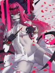  1girl ass_visible_through_thighs blood bracelet bushidokuroi cross-laced_footwear dagger fangs fate/grand_order fate_(series) gagged gloves hair_intakes halterneck highres jewelry knife long_hair looking_to_the_side lying makeup navel on_back pale_skin petals solo spread_legs torn_clothes tristan_(fairy_knight)_(fate) weapon white_eyes 