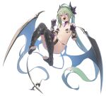  1girl black_gloves black_legwear breasts broken broken_chain chain claw_pose collar deluxe&lt;&lt;&lt; dragon_girl dragon_horns dragon_tail dragon_wings fangs fingerless_gloves gloves green_hair hair_intakes highres horns long_hair navel nude open_mouth original pasties ponytail purple_eyes ryisu_(deluxe&lt;&lt;&lt;) simple_background small_breasts solo tail thigh_strap thighhighs toeless_legwear white_background wings 
