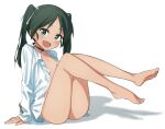  1girl absurdres ass barefoot black_neckwear blush bottomless breasts choker eyebrows_visible_through_hair fang fankupl feet francesca_lucchini full_body green_eyes green_hair highres looking_at_viewer no_bra no_panties open_clothes open_mouth open_shirt shadow shirt simple_background small_breasts smile solo strike_witches twintails white_background white_shirt world_witches_series 