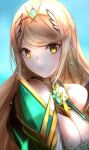  bangs bare_shoulders blonde_hair breasts chest_jewel cleavage cleavage_cutout clothing_cutout earrings gem headpiece highres ippers jewelry large_breasts long_hair mythra_(xenoblade) swept_bangs tiara very_long_hair xenoblade_chronicles_(series) xenoblade_chronicles_2 yellow_eyes 