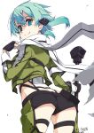 1girl anti-materiel_rifle aqua_eyes aqua_hair ass black_shorts butt_crack cropped_jacket fingerless_gloves from_behind gloves gun hair_ornament hairclip highres looking_at_viewer looking_back rifle scarf shikei shiny shiny_hair shiny_skin short_hair short_hair_with_long_locks shorts simple_background sinon smile sniper_rifle solo standing sword_art_online weapon white_background 