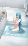  1girl absurdres bare_arms bare_legs bare_shoulders barefoot blue_eyes blue_hair breasts closed_mouth hair_censor hands_up highres huge_filesize long_hair medium_breasts nude sitting solo_focus toxic_(pixiv54732505) vivy vivy:_fluorite_eye&#039;s_song wariza wet 