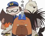  5boys animal_ears baseball_cap black_gloves black_hair blue_headwear daimon_kenshirou dobu_(odd_taxi) fur_collar furry glasses gloves hat highres looking_at_viewer looking_away male_focus mugicaan1 multiple_boys odd_taxi odokawa_(odd_taxi) police police_hat police_uniform scar scar_on_cheek scar_on_face sekiguchi_(odd_taxi) translated uniform upper_body yano_(odd_taxi) 