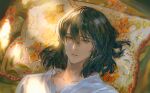  1boy bangs black_hair blue_eyes blurry blurry_background collarbone commentary_request depth_of_field earrings hair_between_eyes howl_(howl_no_ugoku_shiro) howl_no_ugoku_shiro jewelry looking_at_viewer lying male_focus on_back parted_lips pillow portrait say_hana shirt solo white_shirt 