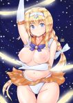  absurdres alice_zuberg arm_up bangs blonde_hair blue_bow blue_eyes blush bow breasts clothes_lift cosplay cowboy_shot frown gloves groin hair_bow hair_intakes hairband highres long_hair looking_at_viewer navel night night_sky nipples orange_sailor_collar orange_skirt panties ponytail sailor_collar sailor_senshi_uniform sailor_venus sailor_venus_(cosplay) shirt_lift skirt sky sword_art_online thighs tong_shui underwear white_bow white_gloves white_hairband white_panties 