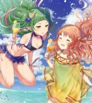  2girls bare_legs bare_shoulders bikini blue_sky braid breasts closed_eyes cloud cup day dress drink fire_emblem fire_emblem:_radiant_dawn fire_emblem:_three_houses fire_emblem_heroes floating_hair frills green_eyes green_hair hair_ribbon haru_(nakajou-28) holding holding_cup long_hair multiple_girls ocean one-piece_swimsuit open_mouth orange_hair outdoors pointy_ears ribbon ribbon_braid see-through sky small_breasts smile sothis_(fire_emblem) summer swimsuit twin_braids very_long_hair wrist_ribbon yellow_dress yune_(fire_emblem) 