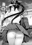  1girl ass ass_focus bag blurry blurry_background blush closed_mouth clothes_lift day from_behind gentsuki greyscale ground_vehicle hair_ribbon hand_up high_ponytail highres long_hair looking_at_viewer looking_back miniskirt monochrome motion_blur original outdoors panties pleated_skirt railroad_crossing ribbon seductive_smile see-through shirt shoulder_bag skirt skirt_lift smile solo thigh_gap train underwear very_long_hair visor_cap wind wind_lift wristband 