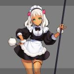  1girl apron bow cu_chulainn_(eiyuu_senki) dark-skinned_female dark_skin eiyuu_senki eiyuu_senki_ww fur green_eyes hair_bow maid maid_apron maid_headdress official_art oyari_ashito skindentation tail twintails white_hair 