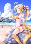  1boy 1girl absurdres afterimage antenna_hair arisa_(g_(genesis1556)) arm_strap arm_support artist_name bangs bare_shoulders battle beach bikini blonde_hair blue_sky blush breasts claws cleavage cloud collarbone commentary_request covered_nipples day dolphin dragon_girl dragon_horns dragon_tail eyebrows_visible_through_hair eyewear_on_head food front-tie_bikini front-tie_top g_(genesis1556) groin hair_between_eyes hair_ornament highres holding holding_food horns large_breasts layered_bikini long_hair looking_at_viewer lying melting monster_boy monster_girl navel ocean on_stomach open_mouth orca original outdoors parrying ponytail popsicle profile punching rio_(g_(genesis1556)) rock scales shark sidelocks sitting skindentation sky solo_focus sound_effects stomach sunglasses sweat swimsuit tail thigh_strap tongue tongue_out wristband yellow_bikini 