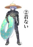  1boy ahoge android artist_logo bangs black_gloves boots clenched_hand closed_mouth danganronpa_(series) danganronpa_v3:_killing_harmony full_body gloves grey_eyes grey_hair hair_between_eyes hair_through_headwear hat highres holding holding_innertube innertube keebo kuma_pan_(bearbread624) legs_apart looking_at_viewer male_focus number power_armor short_hair solo standing sun_hat translation_request white_background 