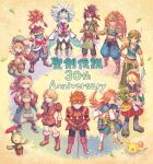  6+boys abs anbe_yoshirou anniversary armor brown_hair character_request children_of_mana duran_(seiken_densetsu_3) ferrick hat hero_(sd1) heroes_of_mana highres keldric leaf legend_of_mana looking_at_viewer multiple_boys randi roget seiken_densetsu seiken_densetsu_1 seiken_densetsu_2 seiken_densetsu_3 seiken_densetsu_4 smile spiked_hair standing sword toto_(lom) weapon 