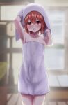  1girl armpits arms_up bangs blurry blurry_background blush brown_eyes brown_hair drying eyebrows_visible_through_hair hair_between_eyes highres ikazuchi_(kancolle) kantai_collection naked_towel open_mouth short_hair solo towel towel_on_head unagiman wet wet_hair 