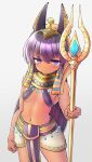  &gt;:( 1girl animal_ears anubis breasts dark-skinned_female dark_skin earrings egyptian_clothes egyptian_mythology gold hair_ornament haru-t highres holding holding_staff jackal_ears jewelry long_hair nemes original purple_eyes purple_hair small_breasts snake_hair_ornament staff usekh_collar v-shaped_eyebrows 