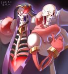  2boys ainz_ooal_gown black_cloak cloak dark_background dated gloves glowing glowing_eyes highres hood hooded_cloak looking_at_viewer male_focus multiple_boys one_eye_closed overlord_(maruyama) papyrus_(undertale) red_eyes red_gloves red_scarf ribs scarf skeleton standing thumbs_up trait_connection undertale upper_body xia_siren 