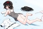  ass bangs barefoot black_hair blush bottomless clothes_on_bed clothes_removed feet hat looking_at_viewer looking_back lying no_panties on_stomach panties panties_removed pink_panties riku_(rikkuru) see-through shameimaru_aya side-tie_panties solo strap_slip touhou underwear untied untied_panties 